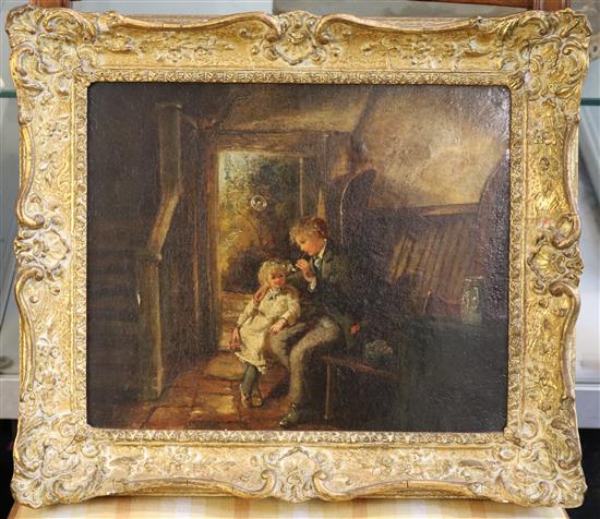 Victorian School Cottage interior with children blowing bubbles 10 x 12in.